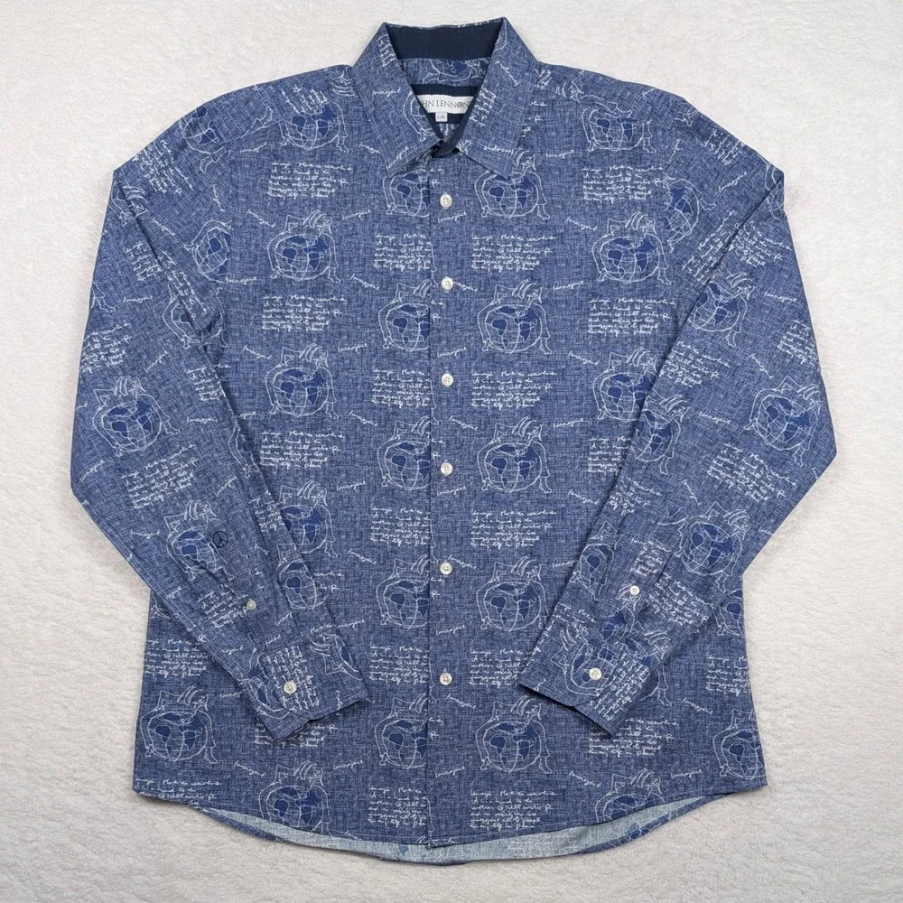 John Lennon Button Down Shirt Mens Large Blue Imagine Lyrics Graphic Long Sleeve - Picture 2 of 8